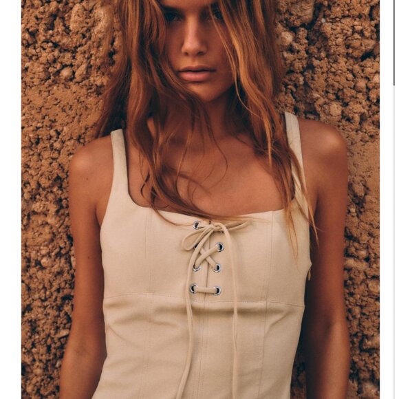 Zara Midi Dress with lace-up drawstring - S - Sand - Picture 3 of 11